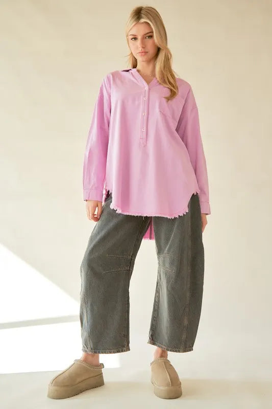 Davi & Dani Letter Back Raw Hem Half Button Shirt