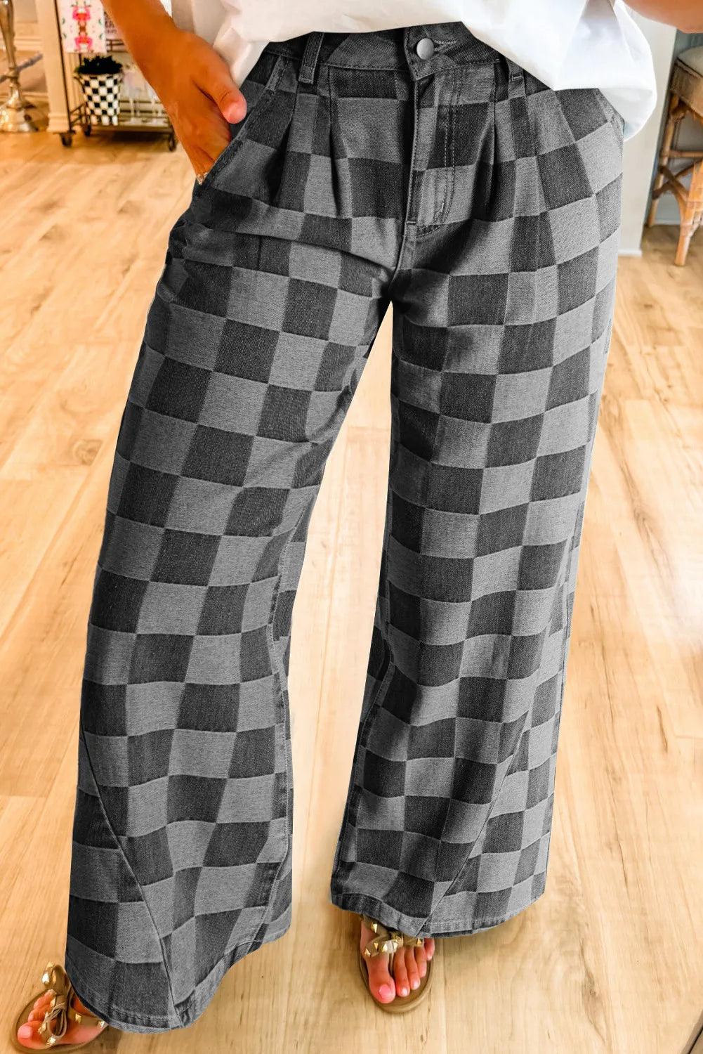Checkered Wide Leg Jeans with Pockets Dark Gray