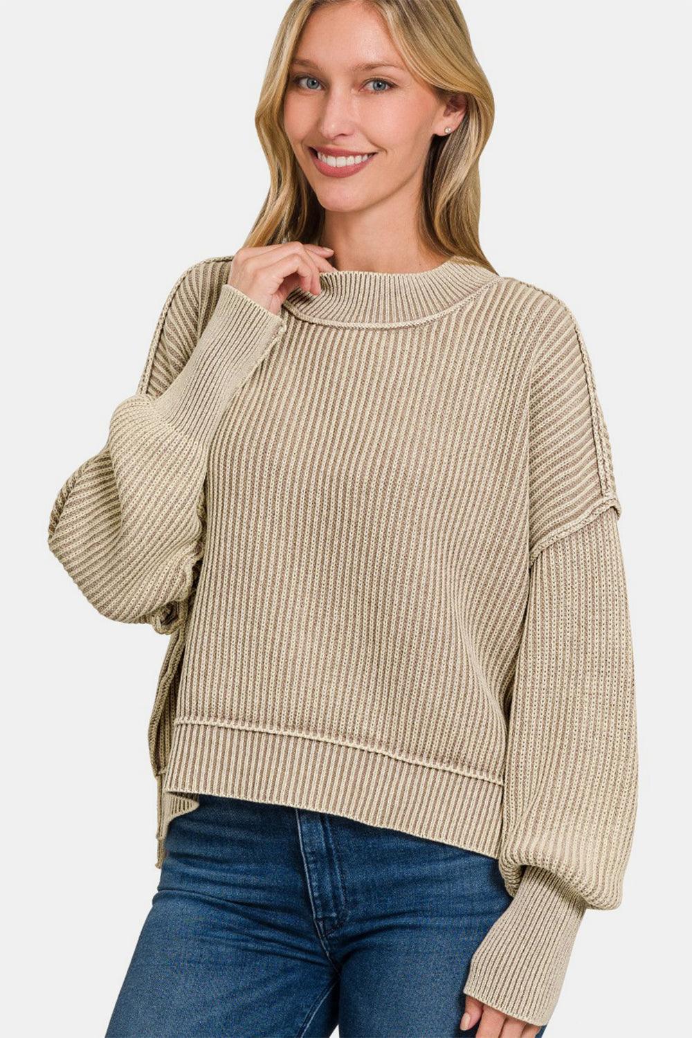 Zenana Exposed Seam Round Neck Dropped Shoulder Sweater Lt Mocha