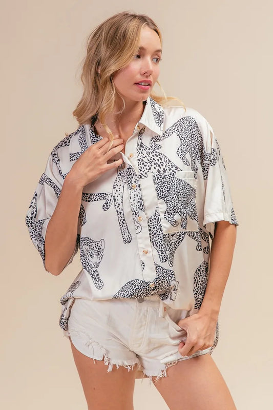 BiBi Leopard Print Short Sleeve Silky Satin Shirt Top