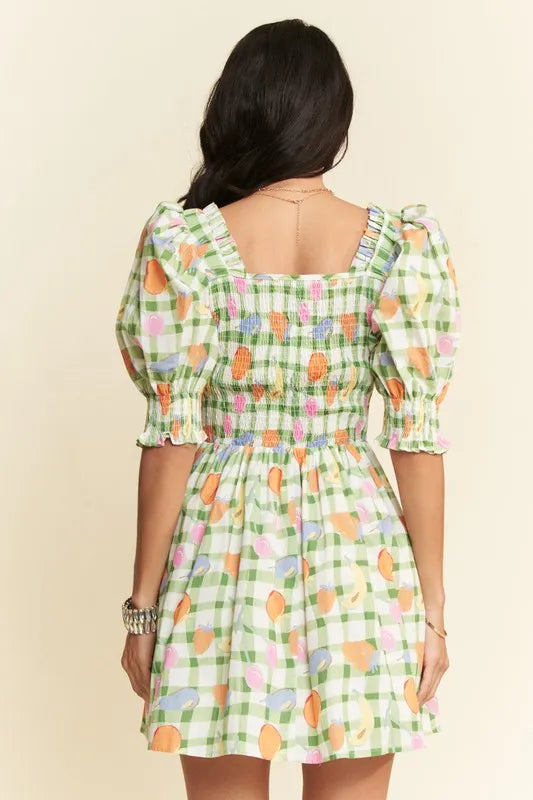 Davi & Dani Fruits Printed Smocking Mini Dress