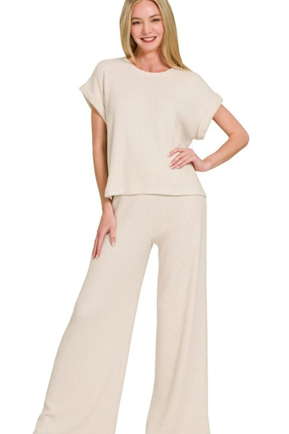 Zenana Rolled Sleeve Top and Pants Sweater Set SAND BEIGE