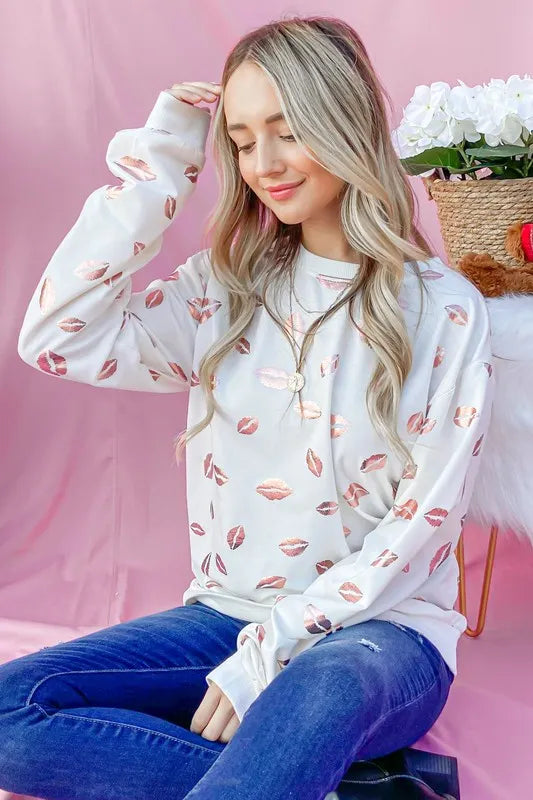 And The Why Kiss Pink Foil Allover Print Pullover Sweatshirts