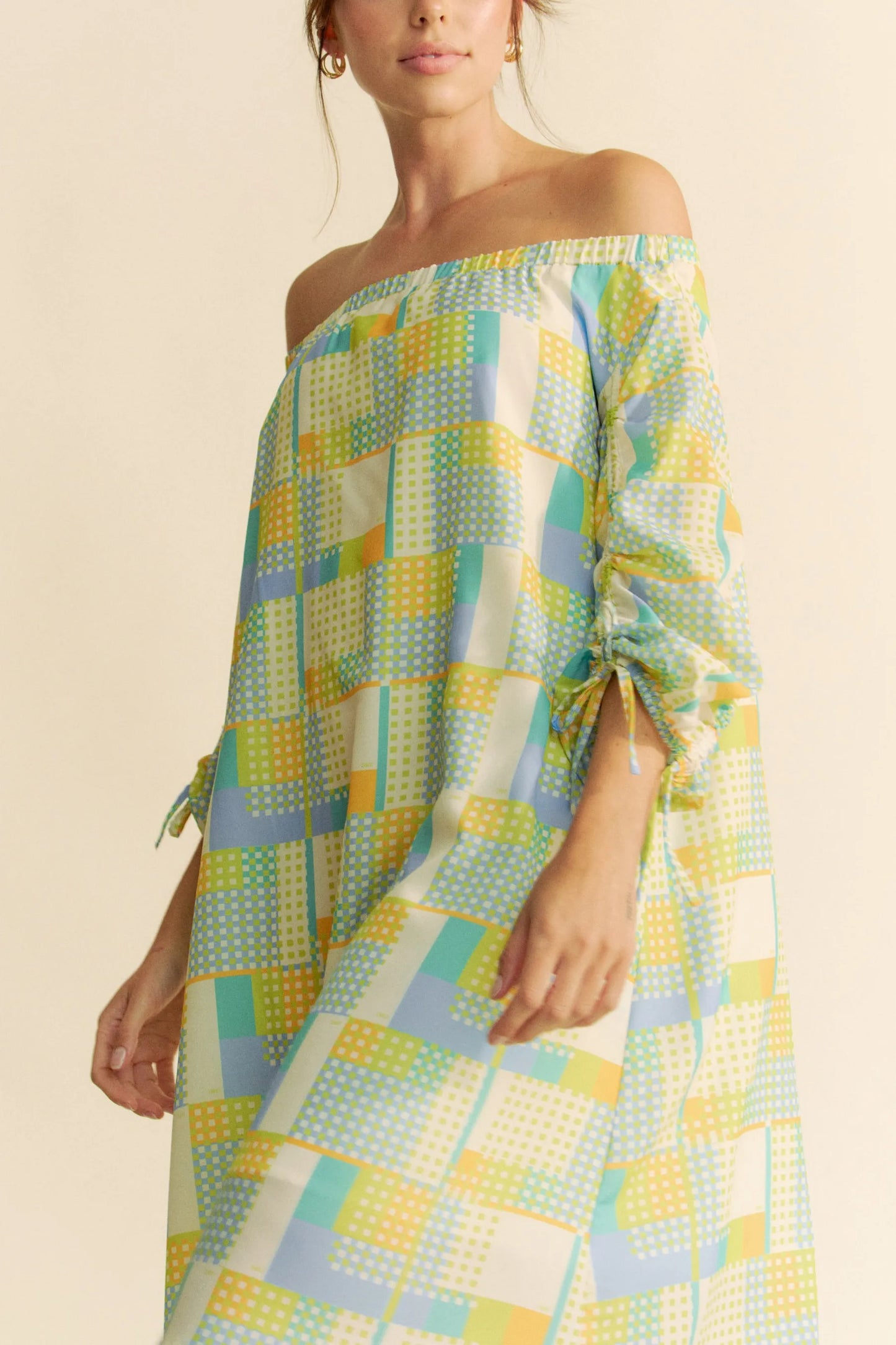 Davi & Dani Printed Off Shoulder Drawstring Sleeve Mini Dress