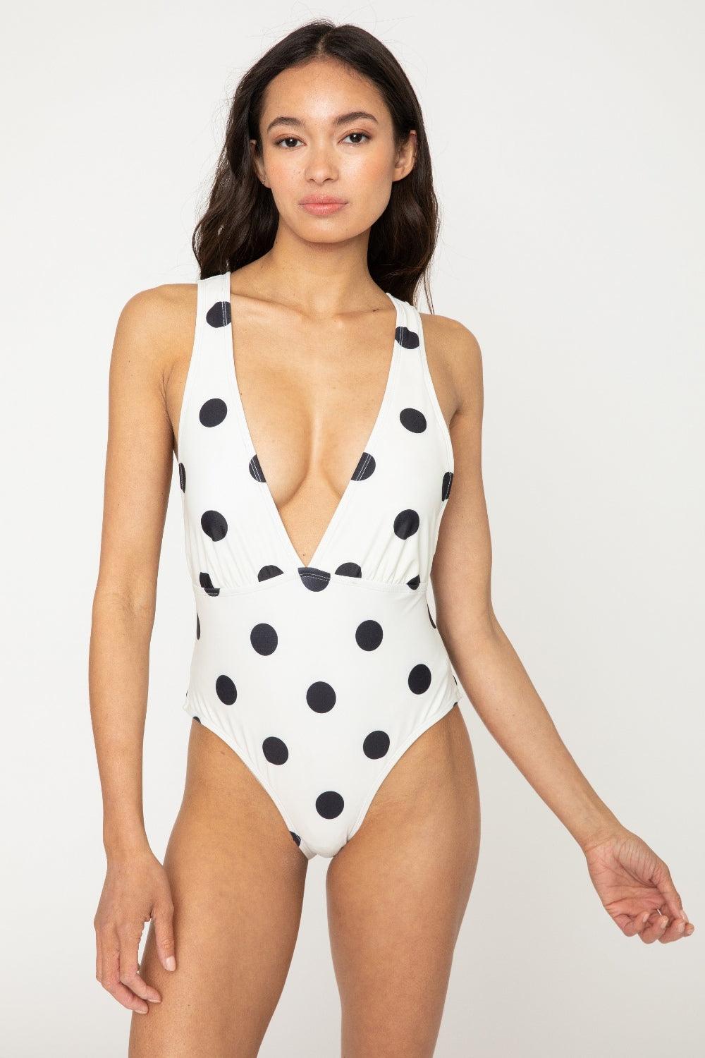 Marina West Swim Beachy Keen Polka Dot Tied Plunge One-Piece Swimsuit Ivory