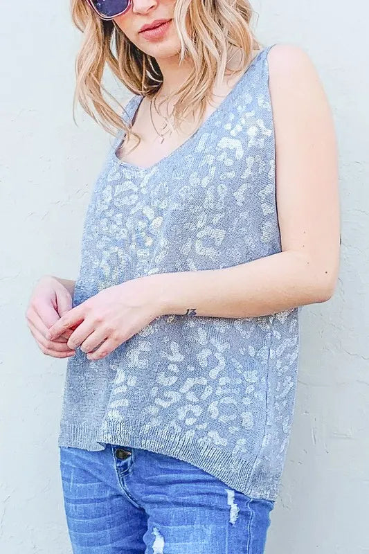 And The Why Leopard Foil Print Sleeveless Sweater Top