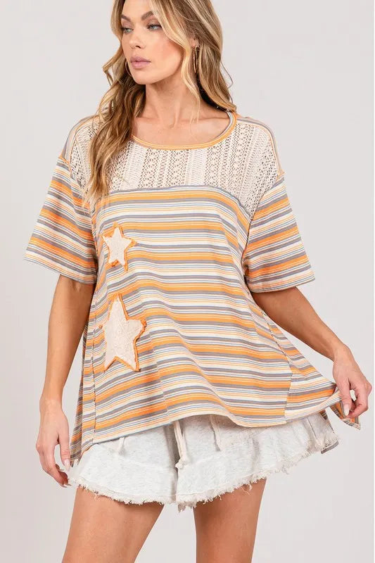 SAGE+FIG Accent Striped with Star Applique T-Shirt MULTI