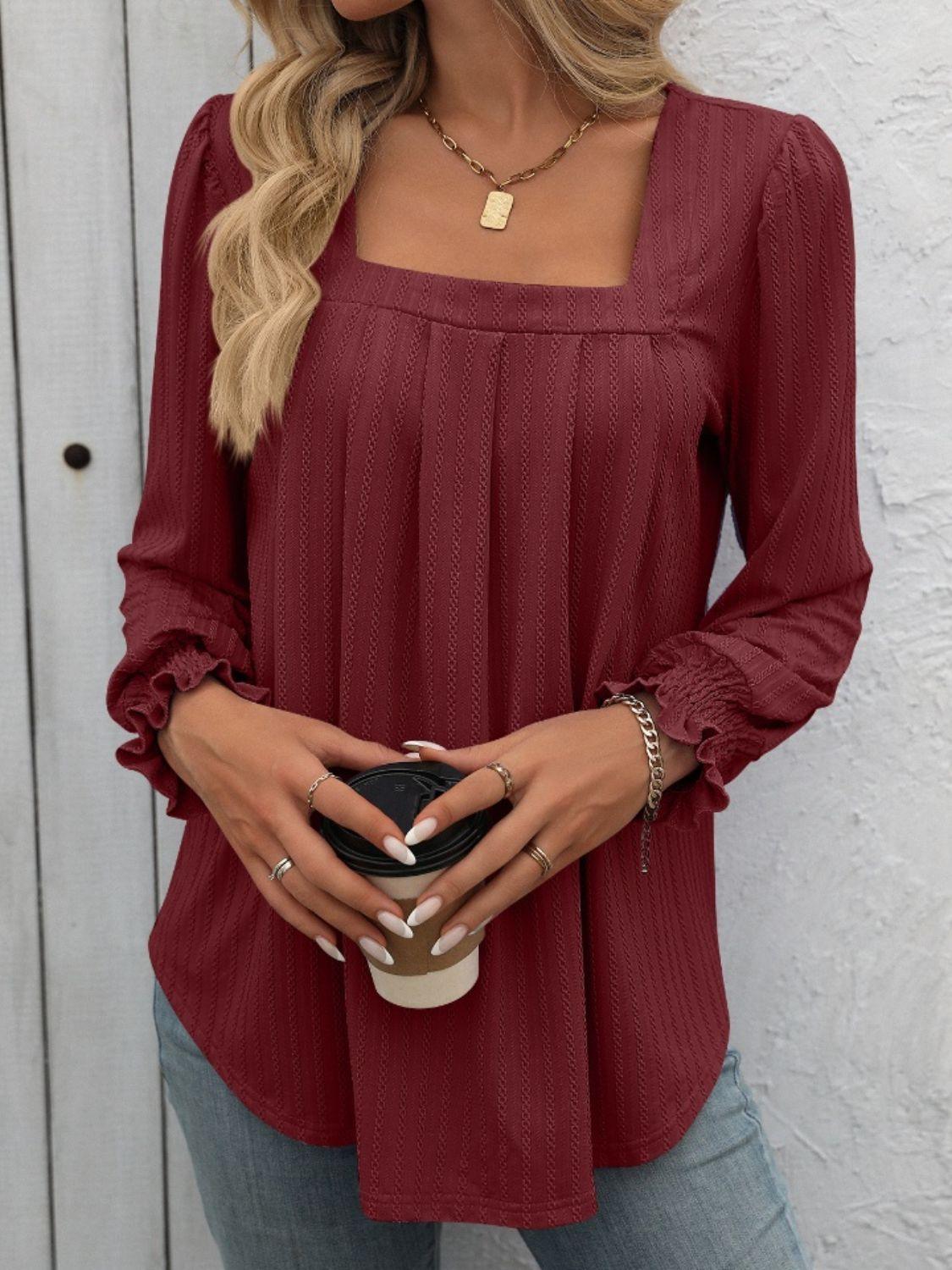 Mandy Square Neck Long Sleeve Top Burgundy