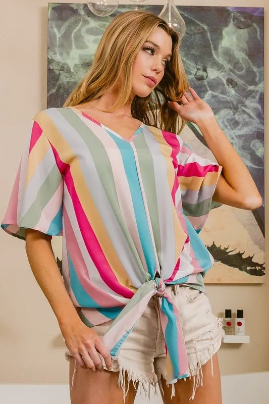 BiBi Multi Stripe Woven V Neck Top with Long Front Tie