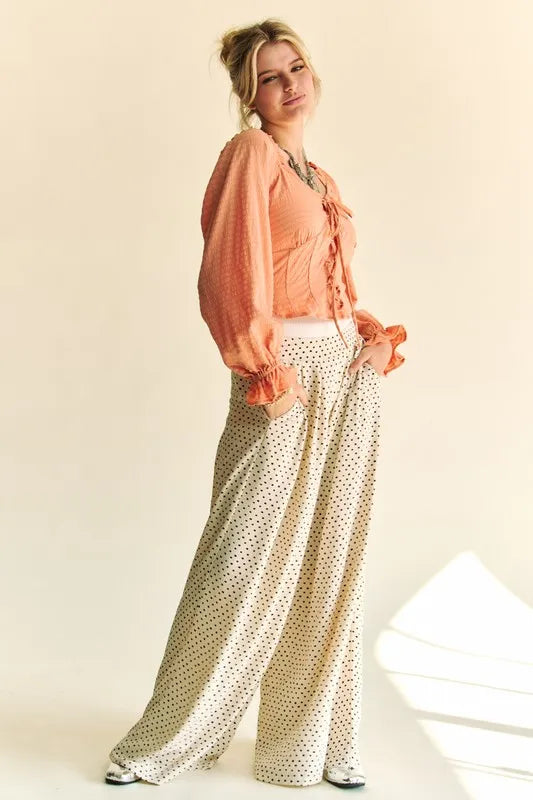 Davi & Dani Strap Front Corset Look Long Puff Sleeve Blouse