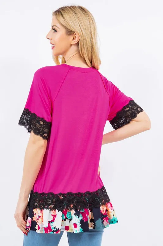 Celeste Full Size Lace Trim Short Sleeve Top Plus Size
