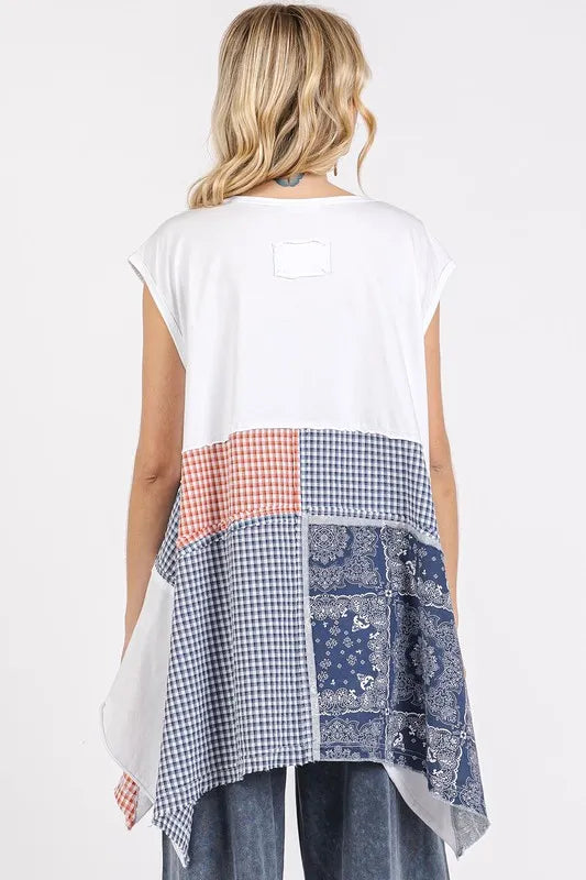 Mittoshop Patchwork Mineral Washed Round Neck Cap Sleeve Top