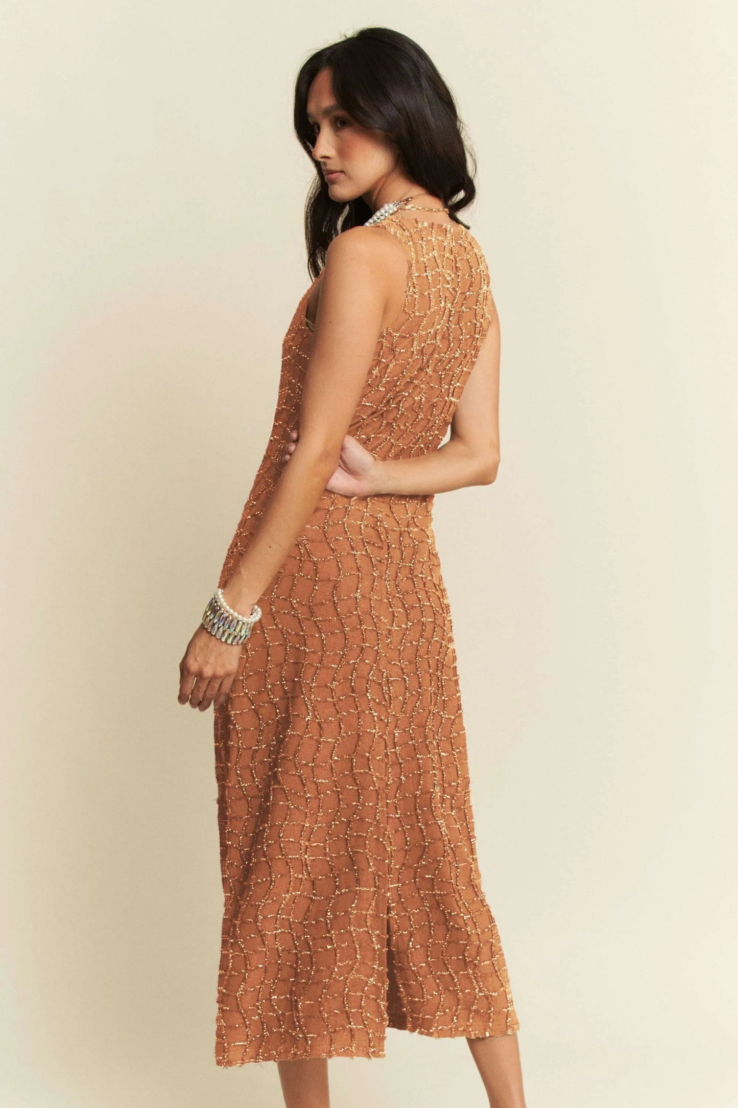 Davi & Dani Golden Textured Zippered Midi Dress