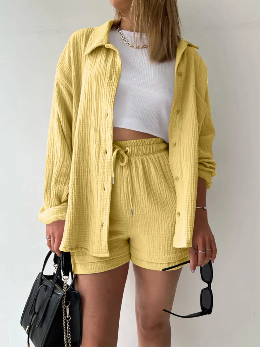 Texture Button Up Shirt and Drawstring Shorts Set Yellow