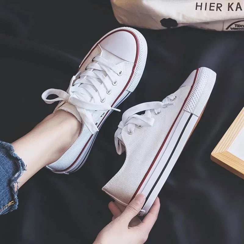 Lace Up Round Toe Sneakers White Red line