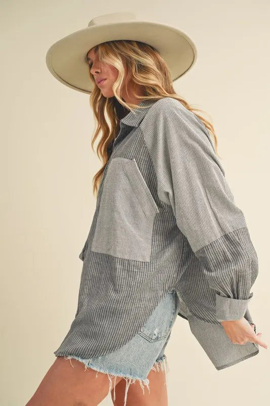 Aemi + Co Striped Collared Neck Lantern Sleeve Shirt