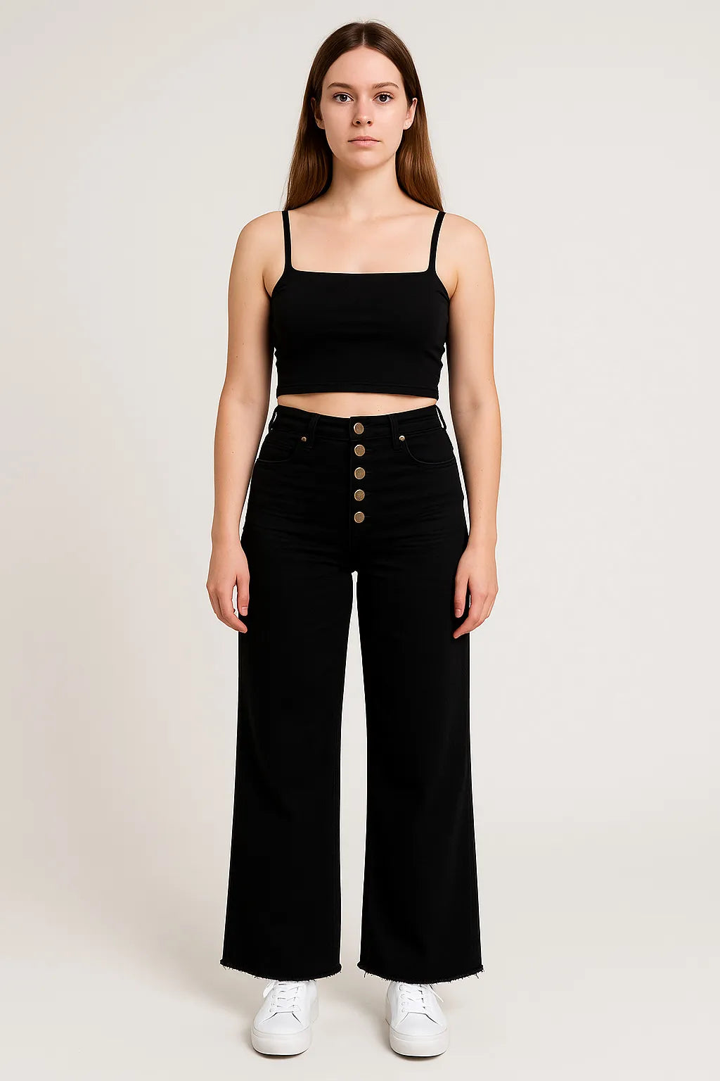 Mittoshop Twill High Waisted Button Fly Wide Leg Pants