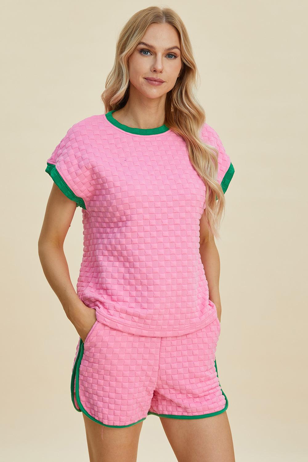Double Take Full Size Texture Contrast T-Shirt and Shorts Set Pink