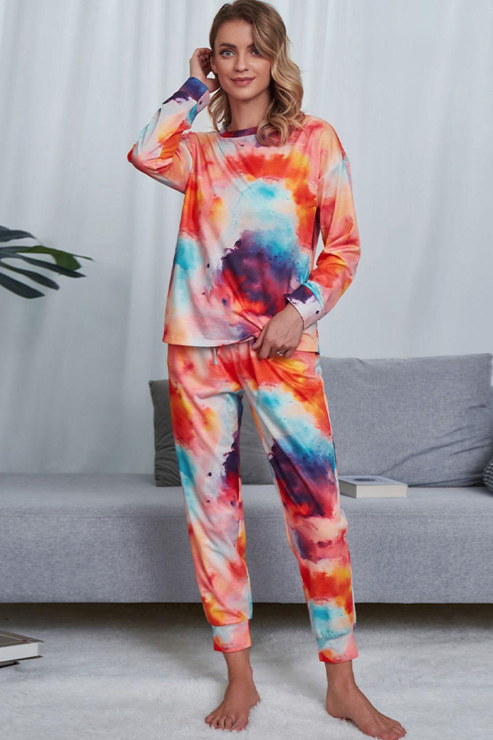 Shiny Tie-Dye Crewneck Top and Drawstring Waist Joggers Lounge Set Orange