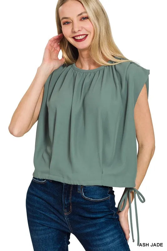 Zenana Woven Drawstring Tie Side Sleeveless Top