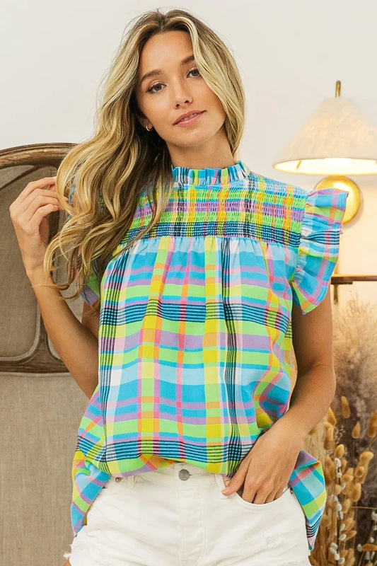 BiBi Multi Color Check Plaid Woven Top LT BLUE YELLOW