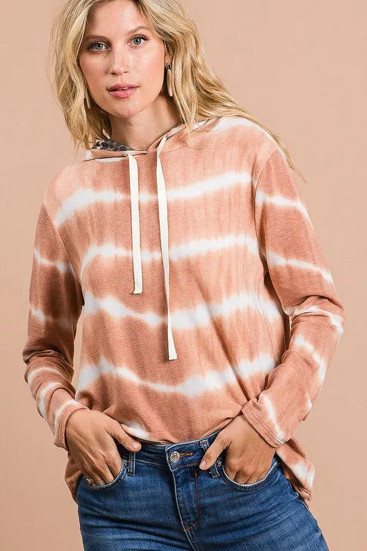 BiBi Tie Dye Stripe Terry Drawstring Hoodie With Leopard