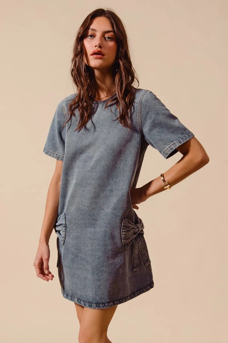 SO ME Bow Ribbon Knot Applique Denim Mini Dress