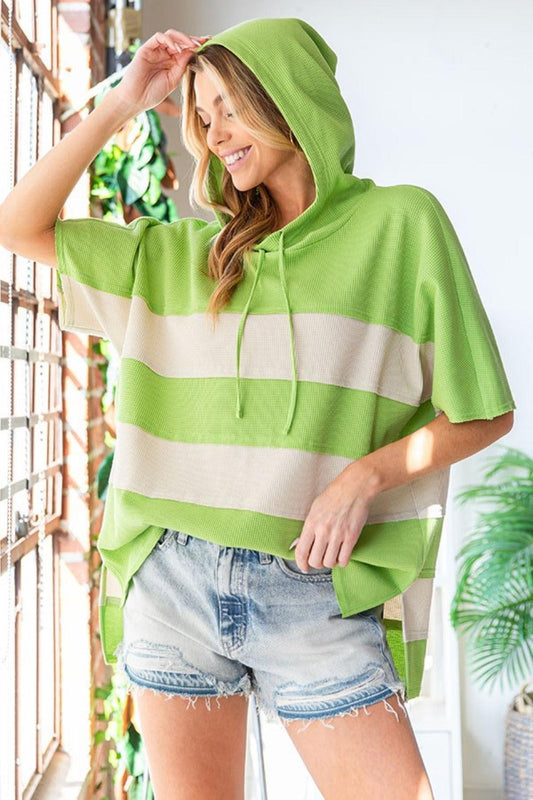 First Love Color Block Short Sleeve Hooded Top Green