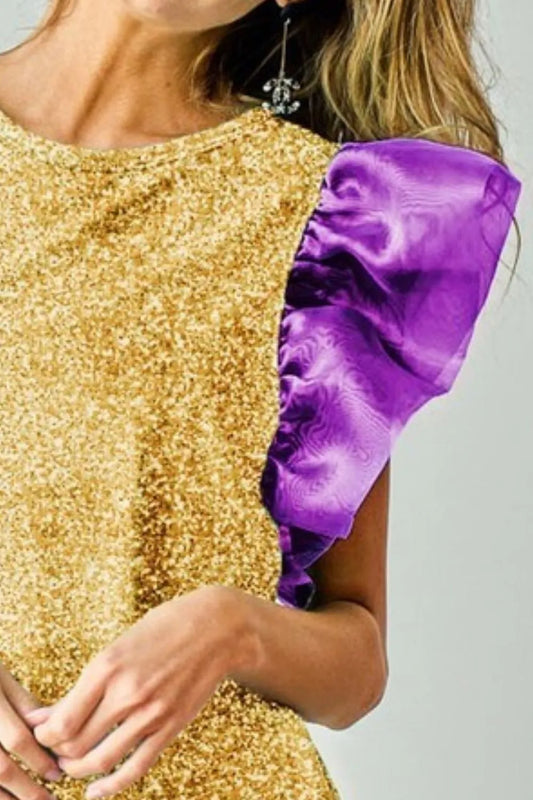 BiBi Mardi Gras Color Block Organza Sleeve Sequin Top