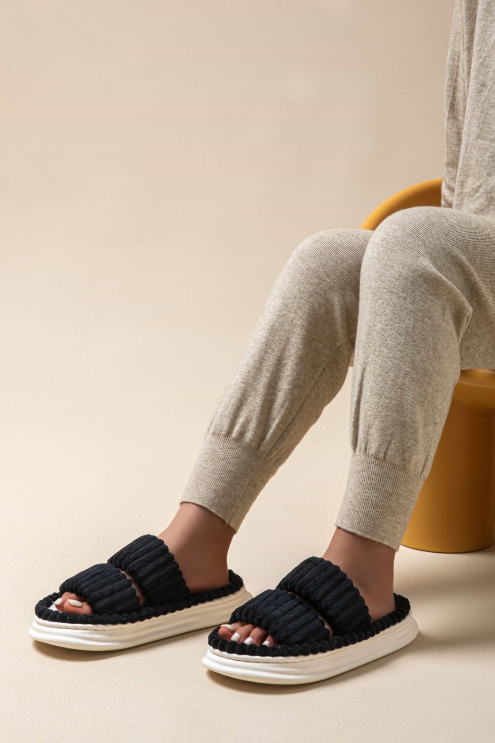 Open Toe Fluff Platform Slippers Black