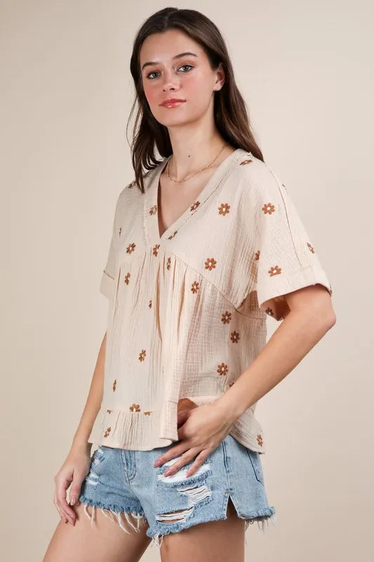 VERY J Flower Embroidered Woven Blouse