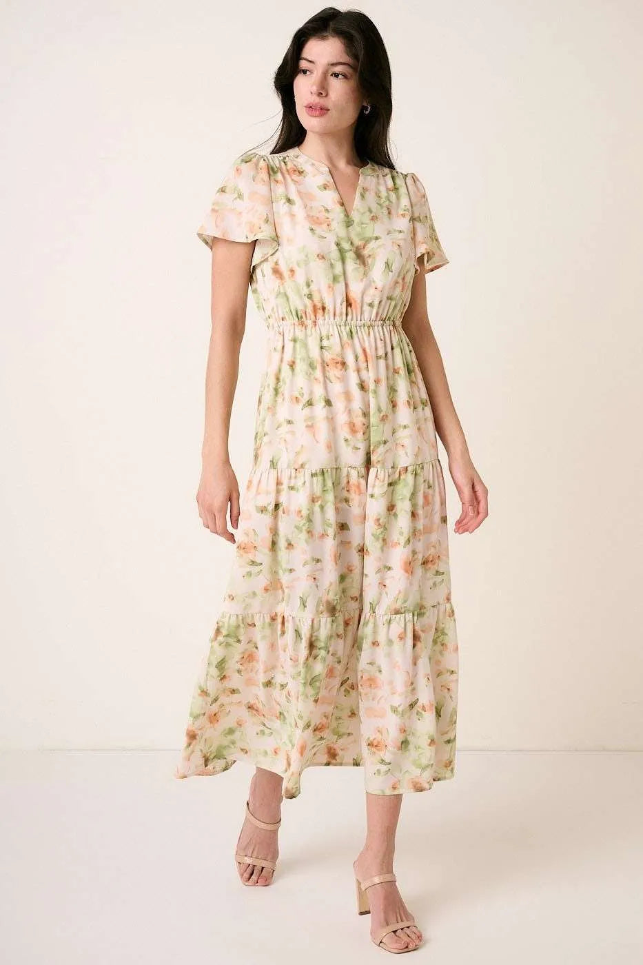 Mittoshop Flower Print Flutter Sleeve V Slit Maxi Dress SAGE