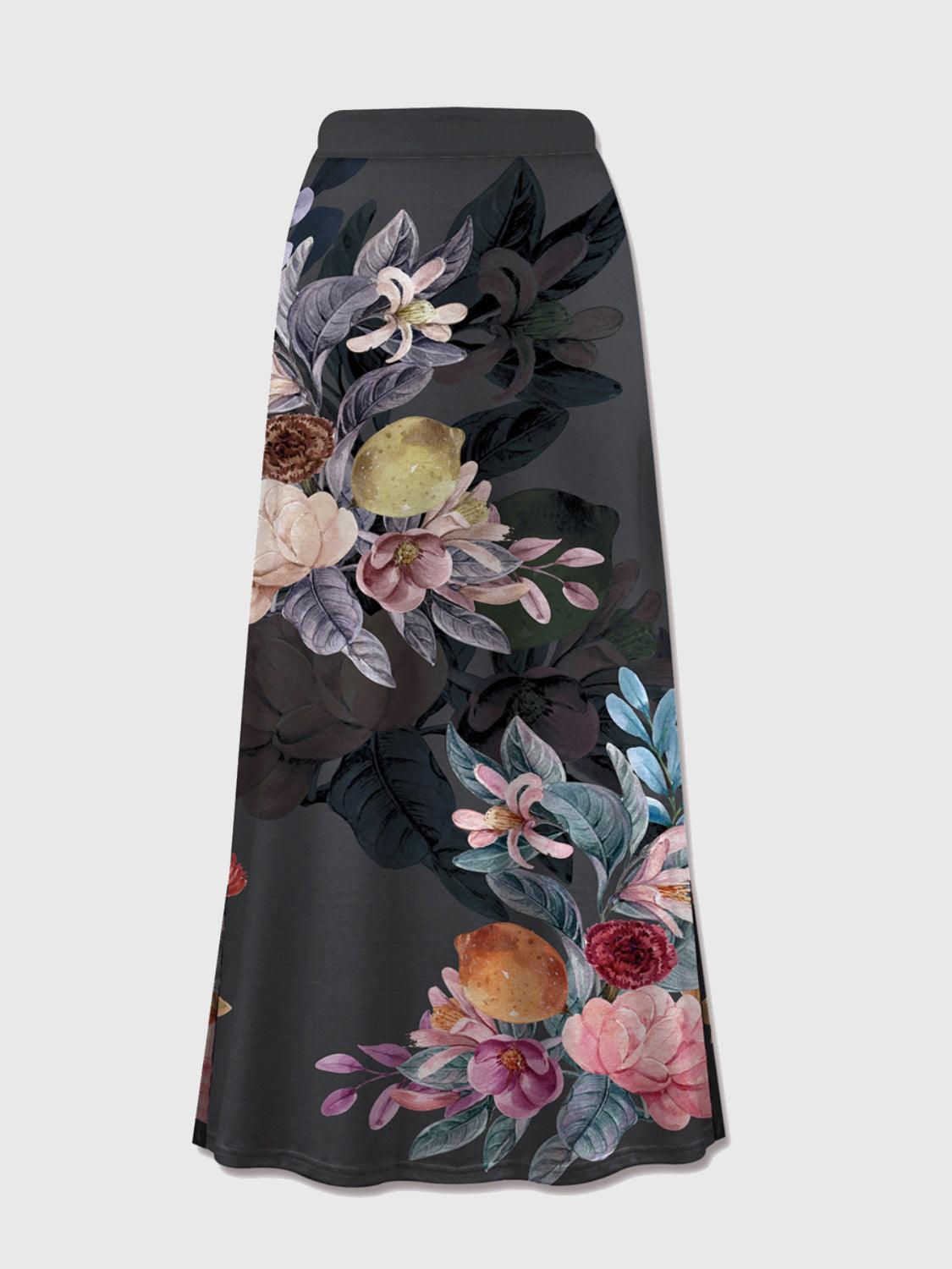 Printed Elastic Waist Midi Skirt Black