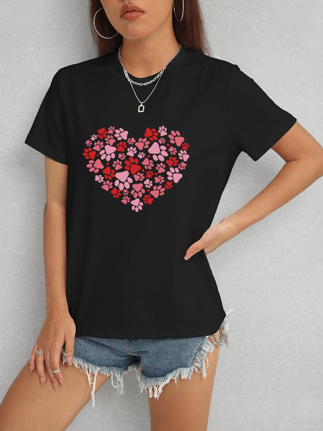 Heart Round Neck Short Sleeve T-Shirt Black