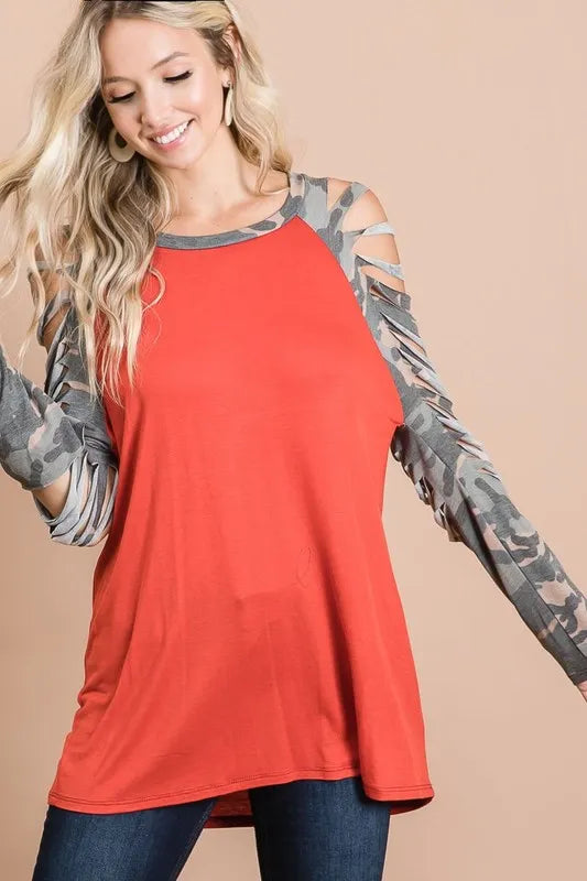 BiBi Jersey Knit Top with Camouflage Laser Cut Sleeves RUST