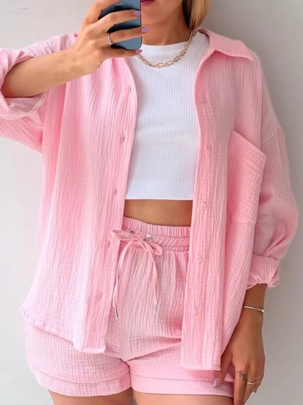 Texture Button Up Shirt and Drawstring Shorts Set Blush Pink