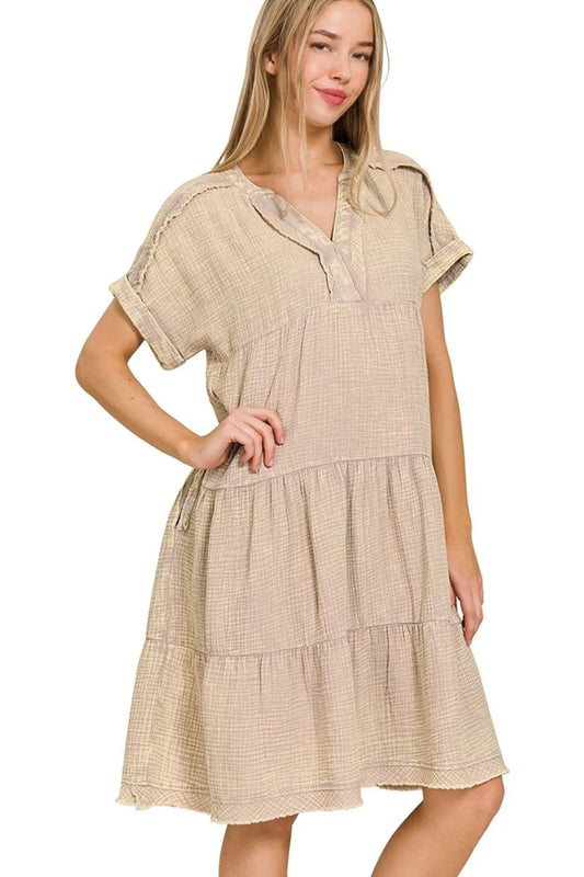 Zenana Washed Double Gauze Raw Edge Notched Dress