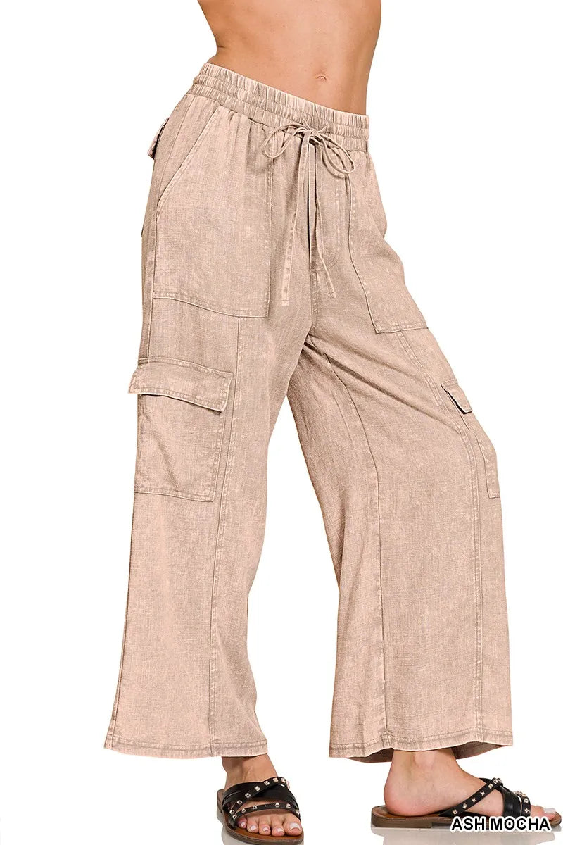 Zenana Washed Linen Elastic Band Waist Cargo Pants