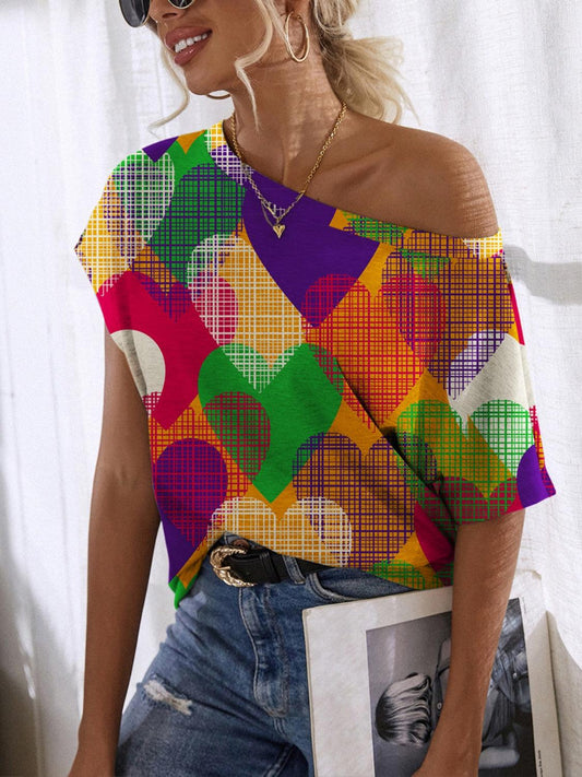 Heart Single Shoulder Short Sleeve T-Shirt Multicolor