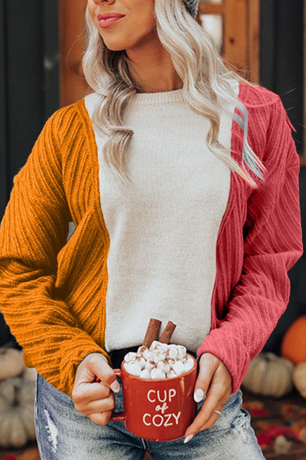 Color Block Textured Drop Shoulder Sweater Tangerine