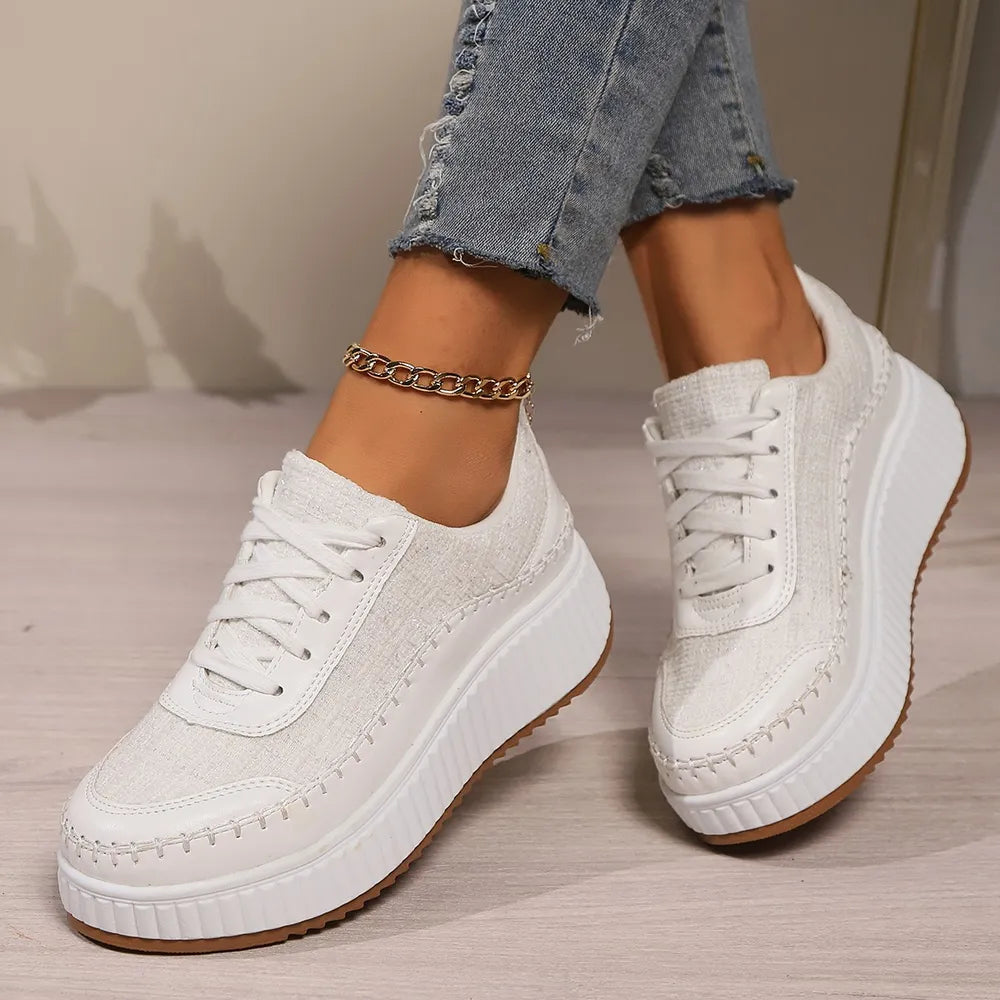 Sequin Round Toe Platform Lace Up Sneakers White