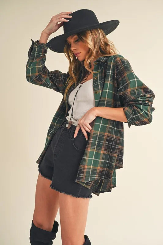 Aemi + Co Flannel Plaid Button Up Raglan Sleeve Shirt
