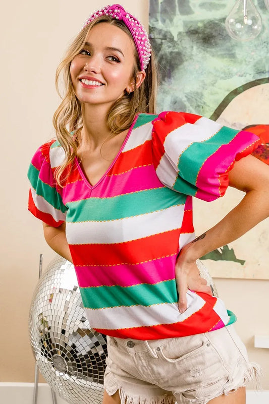 BiBi Multi Stripe Color Print Puff Sleeves V Neck Top