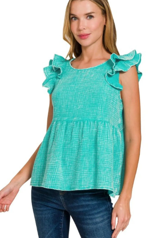 Zenana Double Gauze Acid Washed Tiered Ruffle Peplum Top
