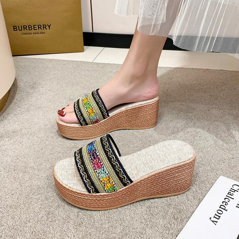 Contrast Cloth Wedge Sandals Black