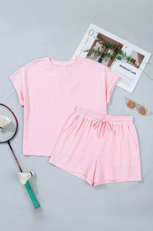 Stripe Oversized Tee & Drawstring Shorts Set