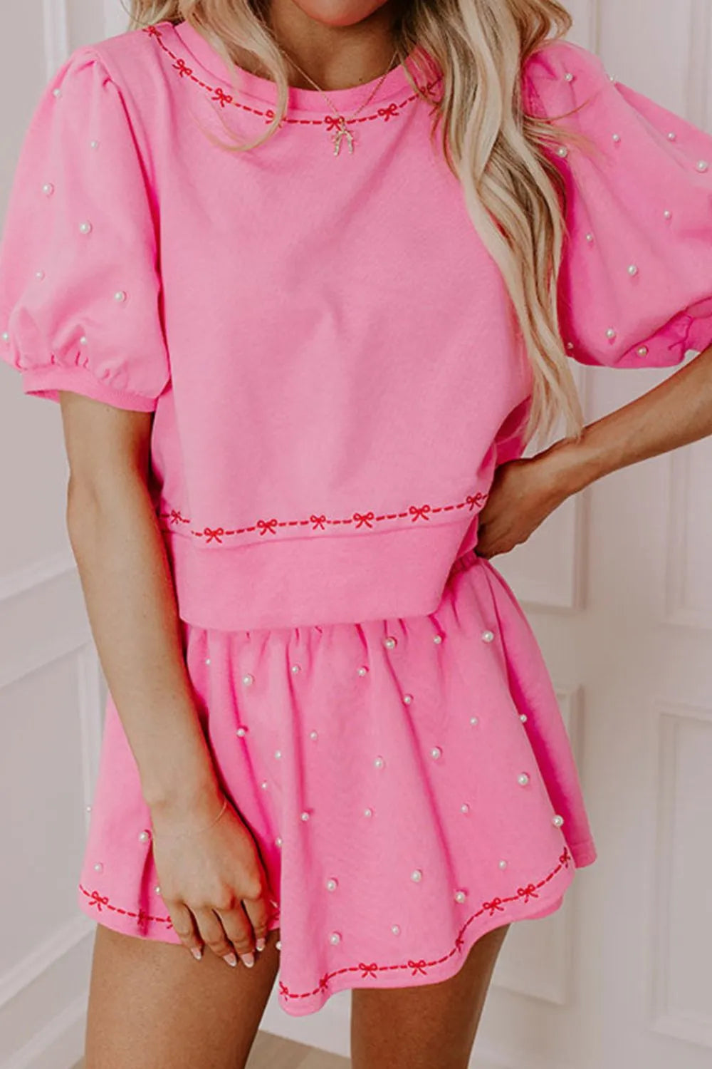Contrast Bow Trim Pearl Puff Sleeve Blouse and Skort 2pcs Set