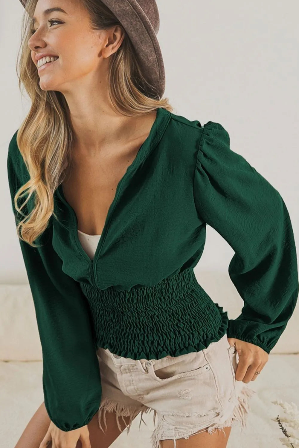 BiBi Smoking Waist Band and Puff Sleeves Deep V Neck Top HUNTER