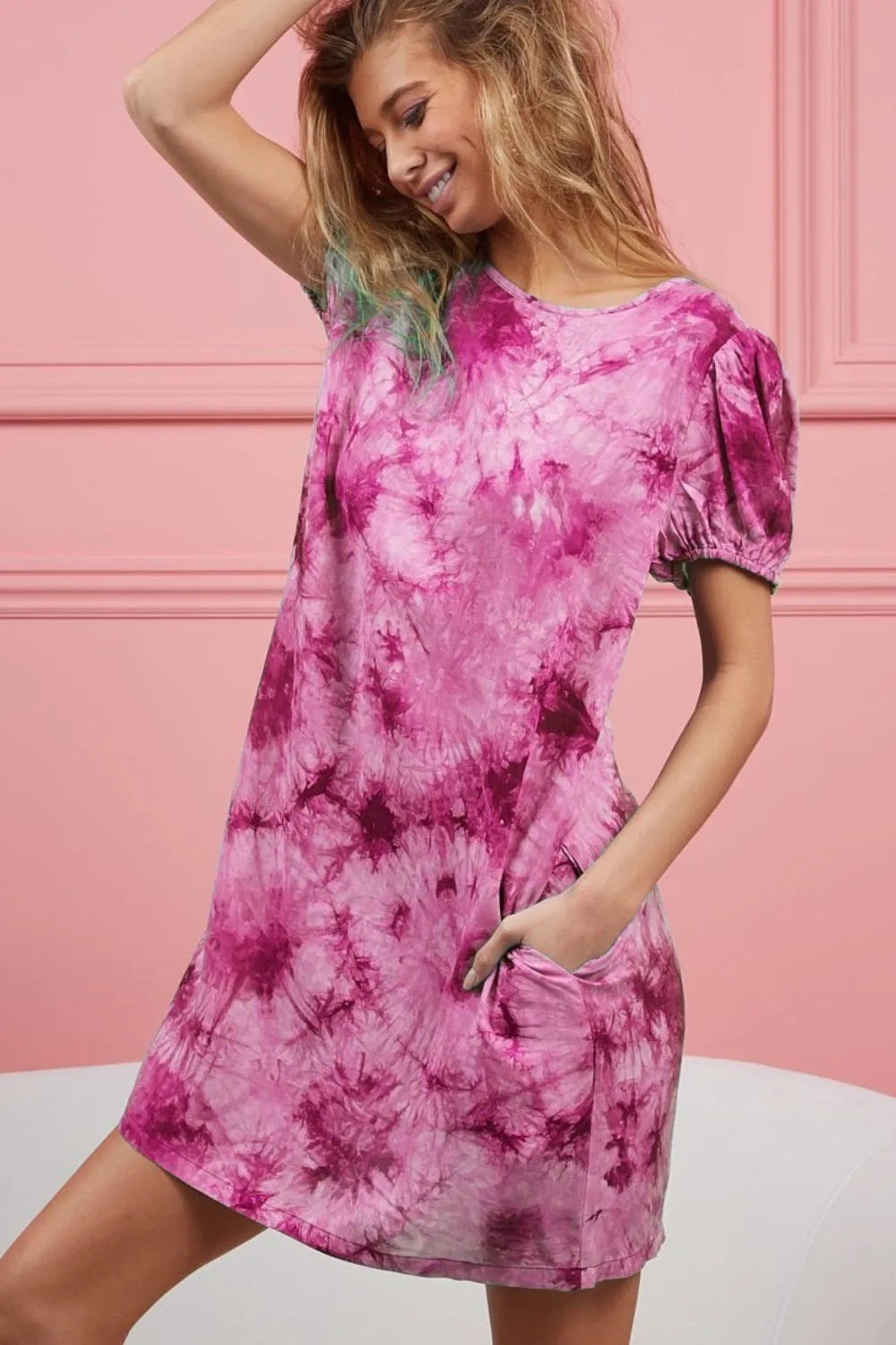 BiBi Puff Sleeve With Side Pockets Tie Dye Dress FUCHSIA