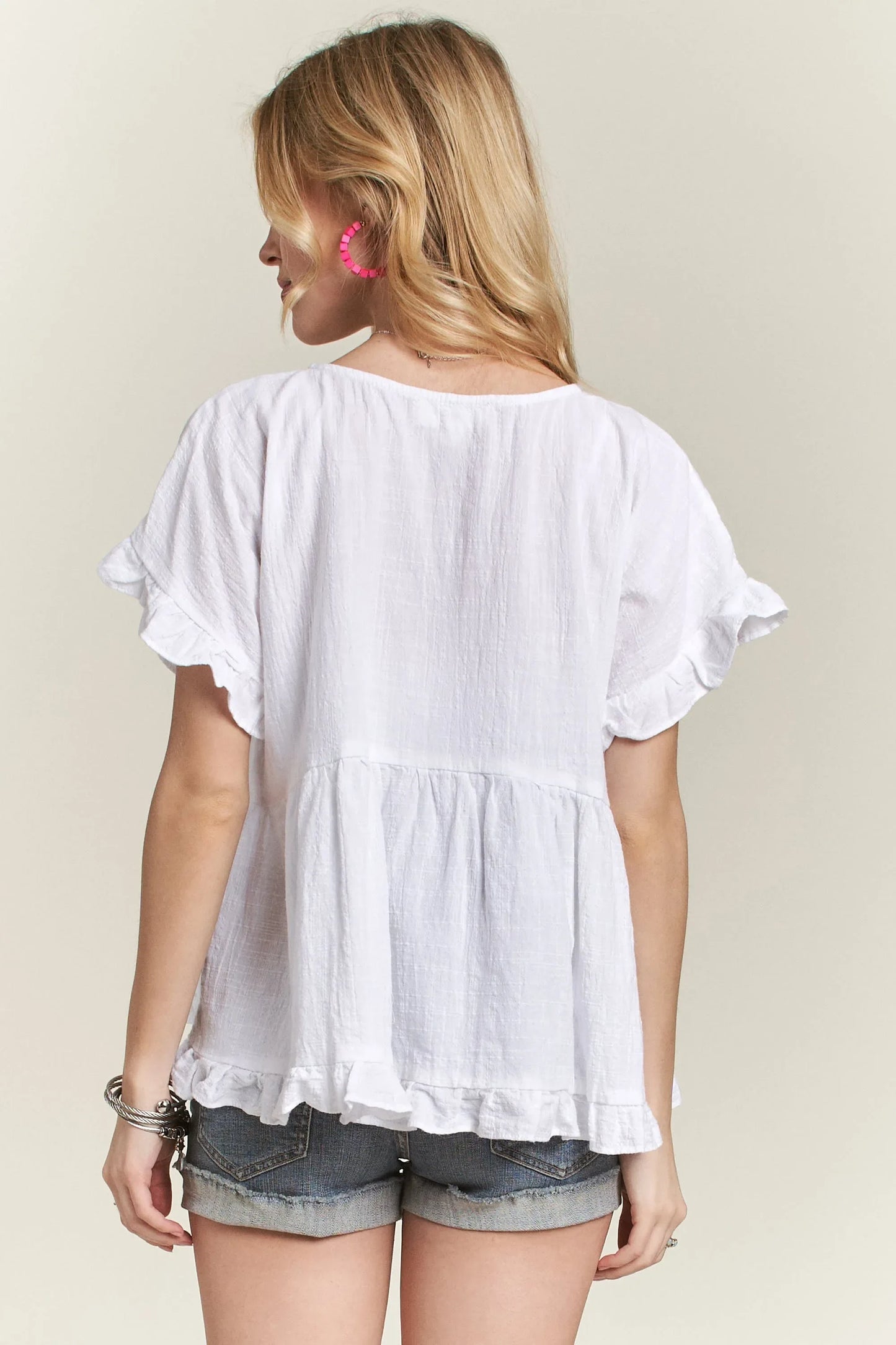 ADORA Button Down Ruffled Babydoll Blouse